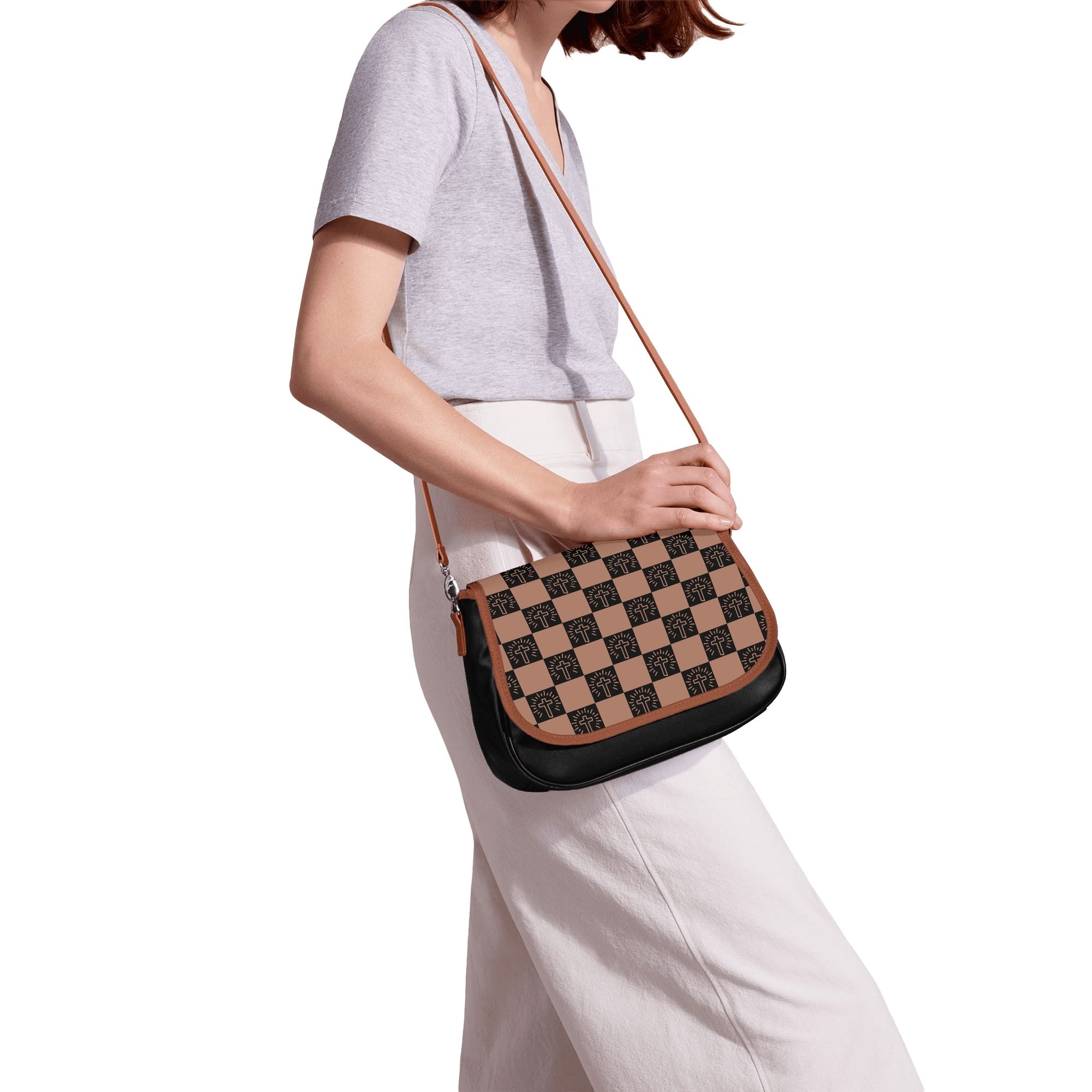 Checkered Cross Classic Vegan Leather Shoulder Bag